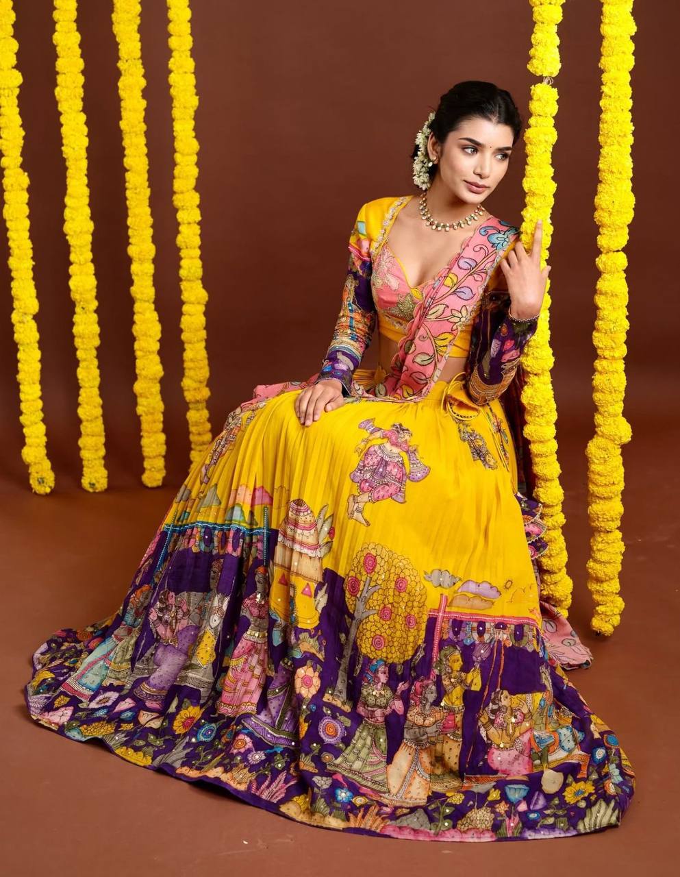 Yellow Fully Stitched Kalamkari Lehenga Choli