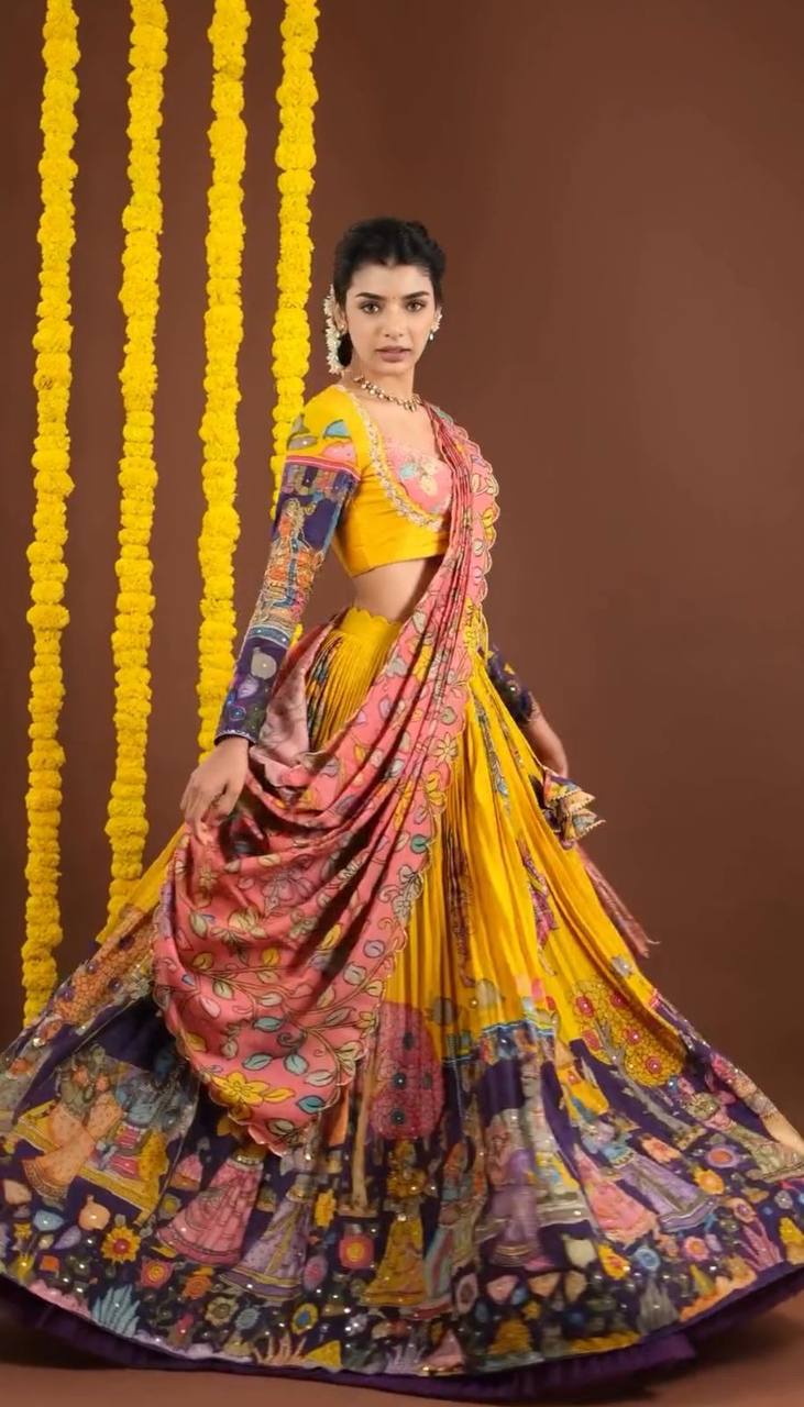 Yellow Fully Stitched Kalamkari Lehenga Choli