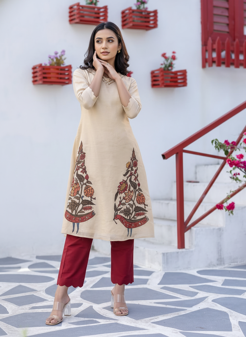 Beige Kurta with Hand-Painted Kalamkari Motifs