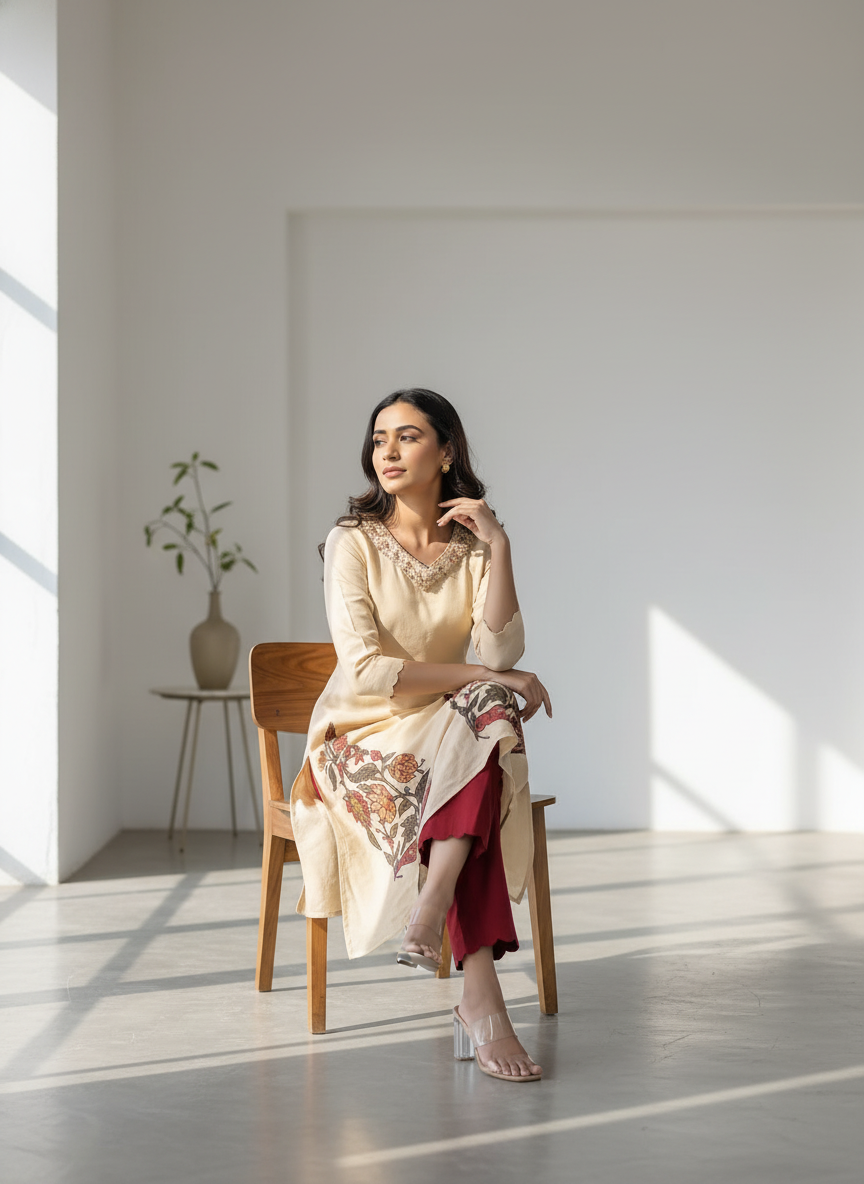 Beige Kurta with Hand-Painted Kalamkari Motifs