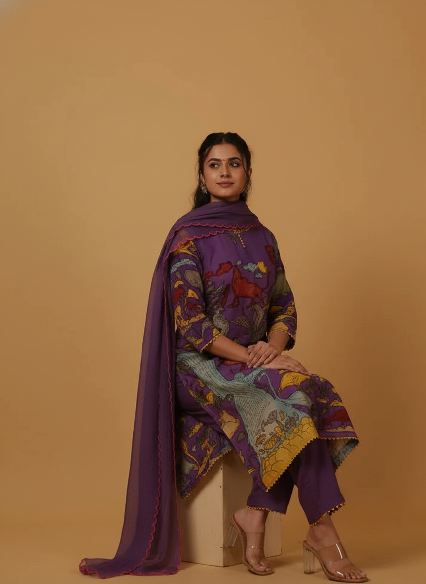 Traditional Purple Kurta Set with Royal Folk Art Print