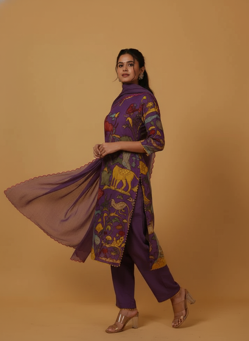 Traditional Purple Kurta Set with Royal Folk Art Print