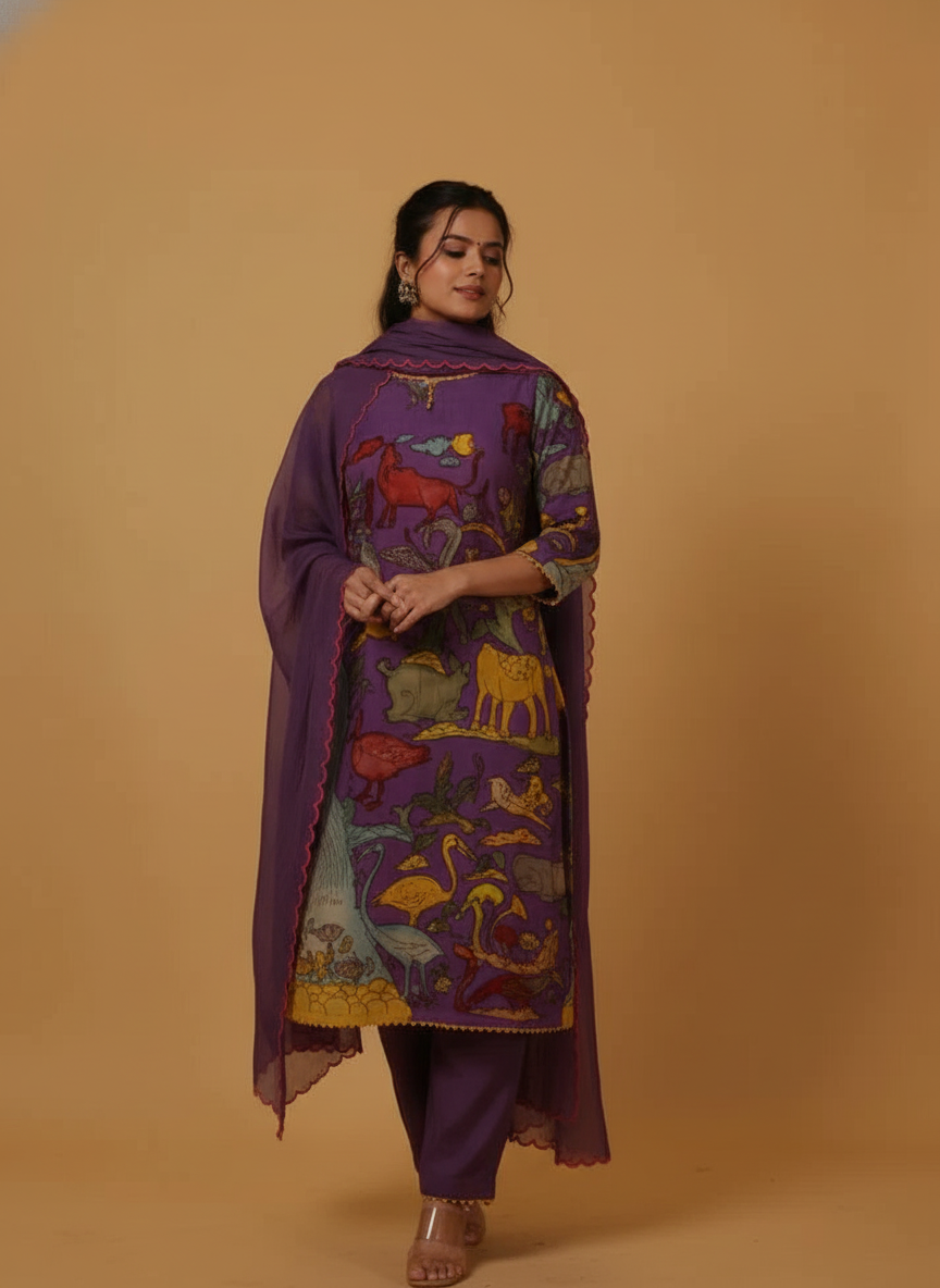 Traditional Purple Kurta Set with Royal Folk Art Print