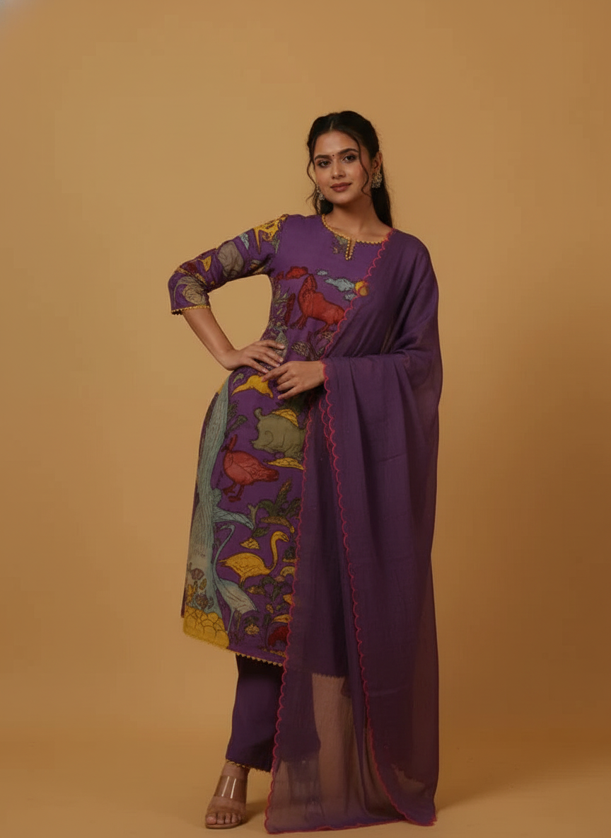 Traditional Purple Kurta Set with Royal Folk Art Print