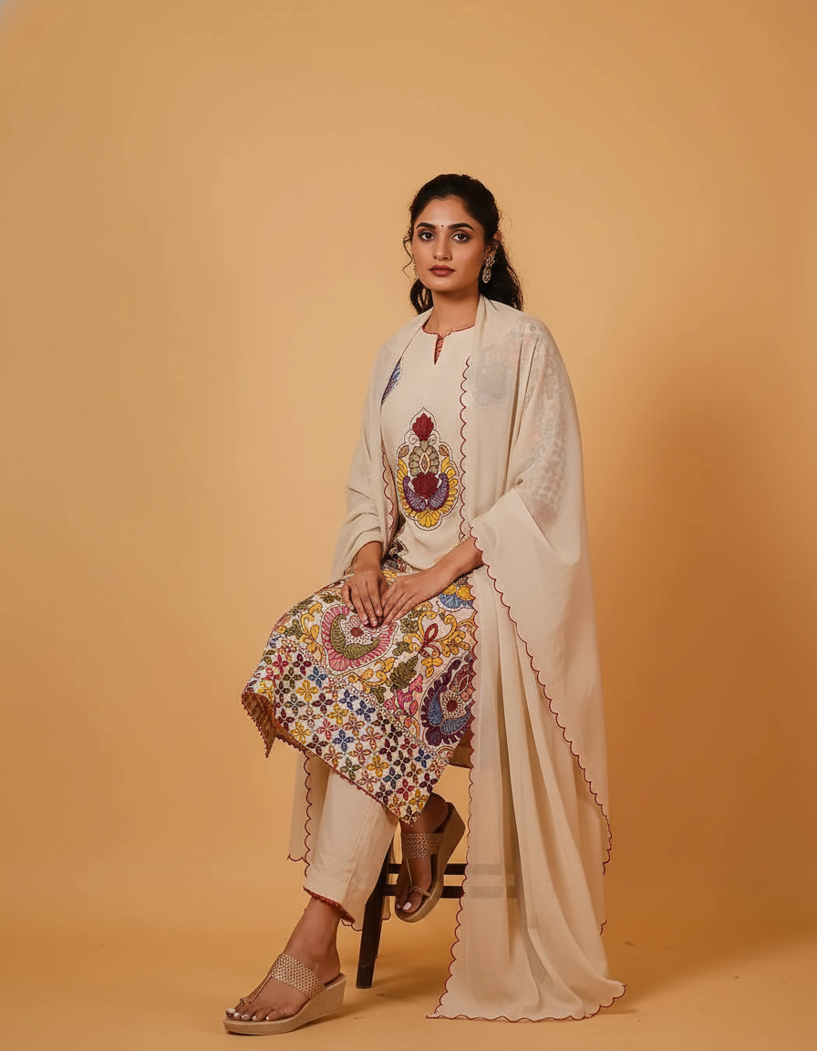 Vibrant Kalamkari Floral Cotton Kurta Set Beige with Multicolor Design & Coordinated Dupatta