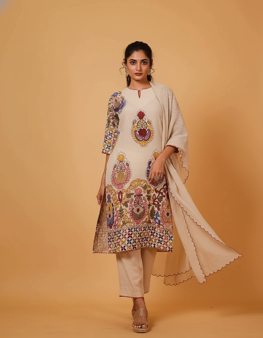 Vibrant Kalamkari Floral Cotton Kurta Set Beige with Multicolor Design & Coordinated Dupatta