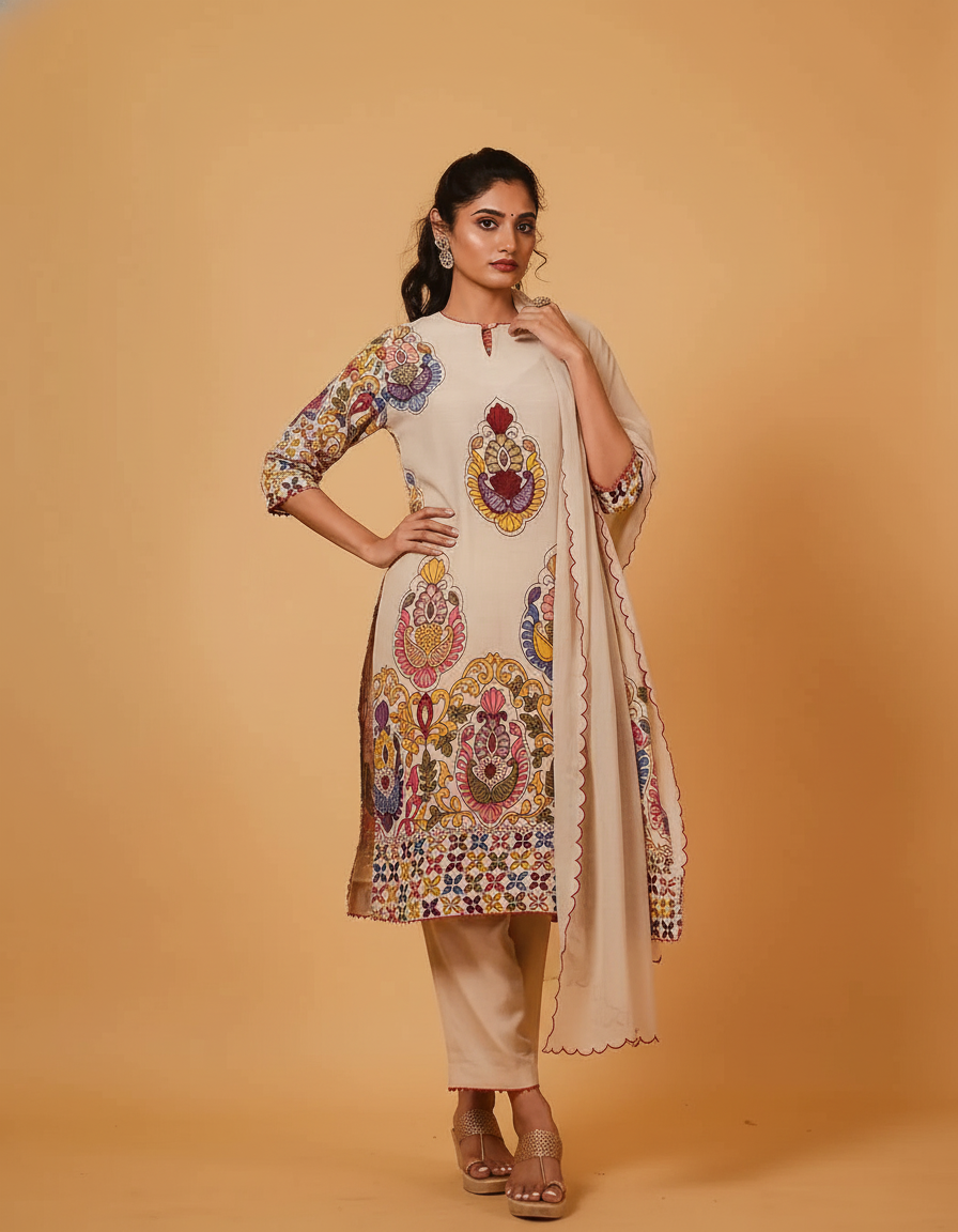 Vibrant Kalamkari Floral Cotton Kurta Set Beige with Multicolor Design & Coordinated Dupatta