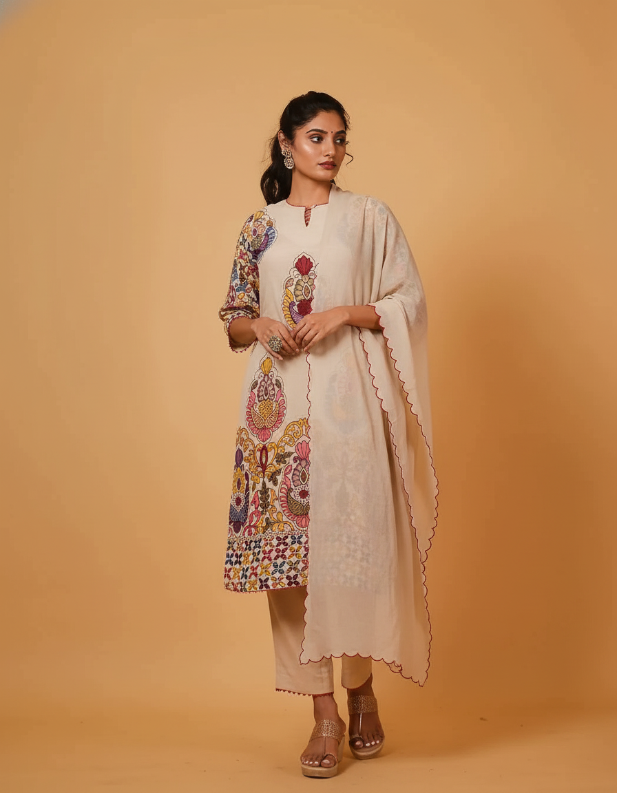 Vibrant Kalamkari Floral Cotton Kurta Set Beige with Multicolor Design & Coordinated Dupatta
