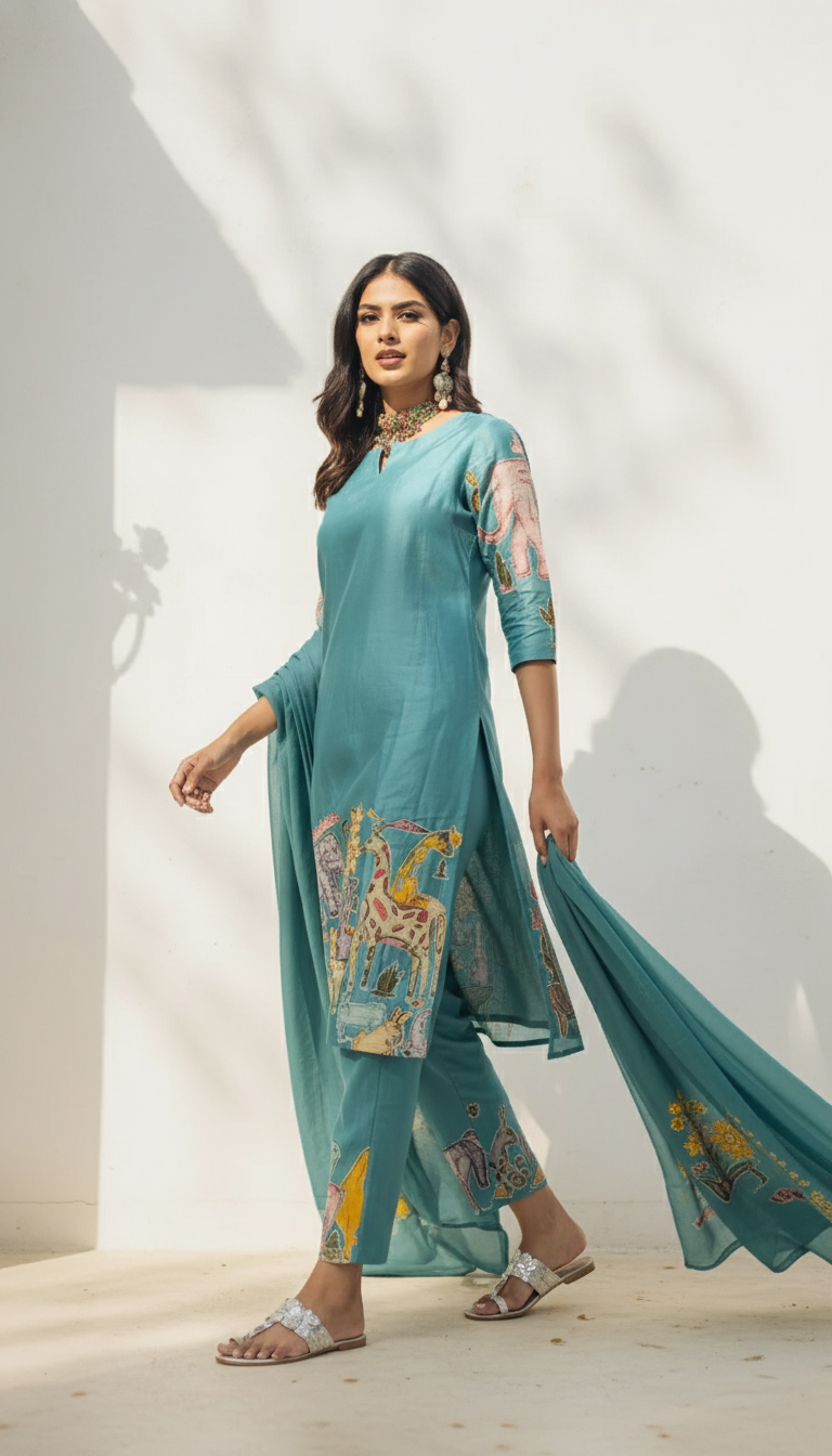 Lime Green Kurta Set with Ethnic Jungle Print