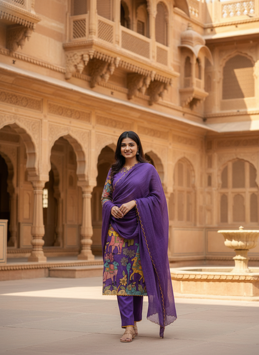 Traditional Purple Kurta Set with Royal Folk Art Print
