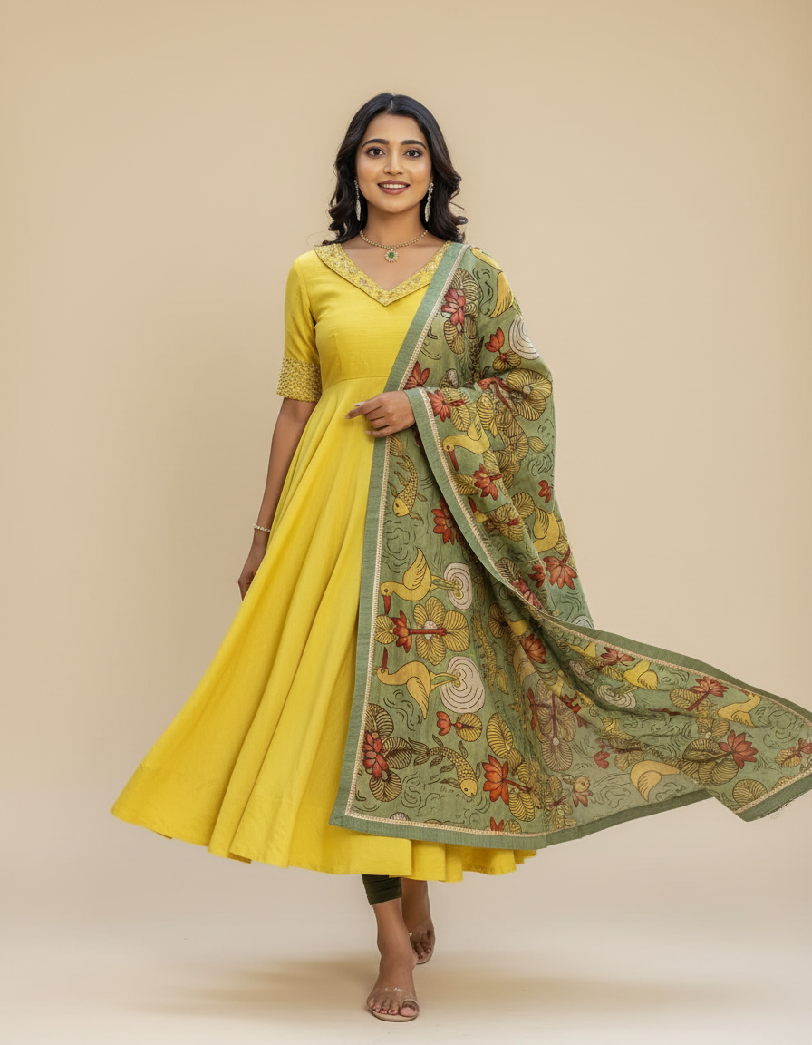 Mustard Yellow Anarkali with Hand-Painted Kalamkari Dupatta