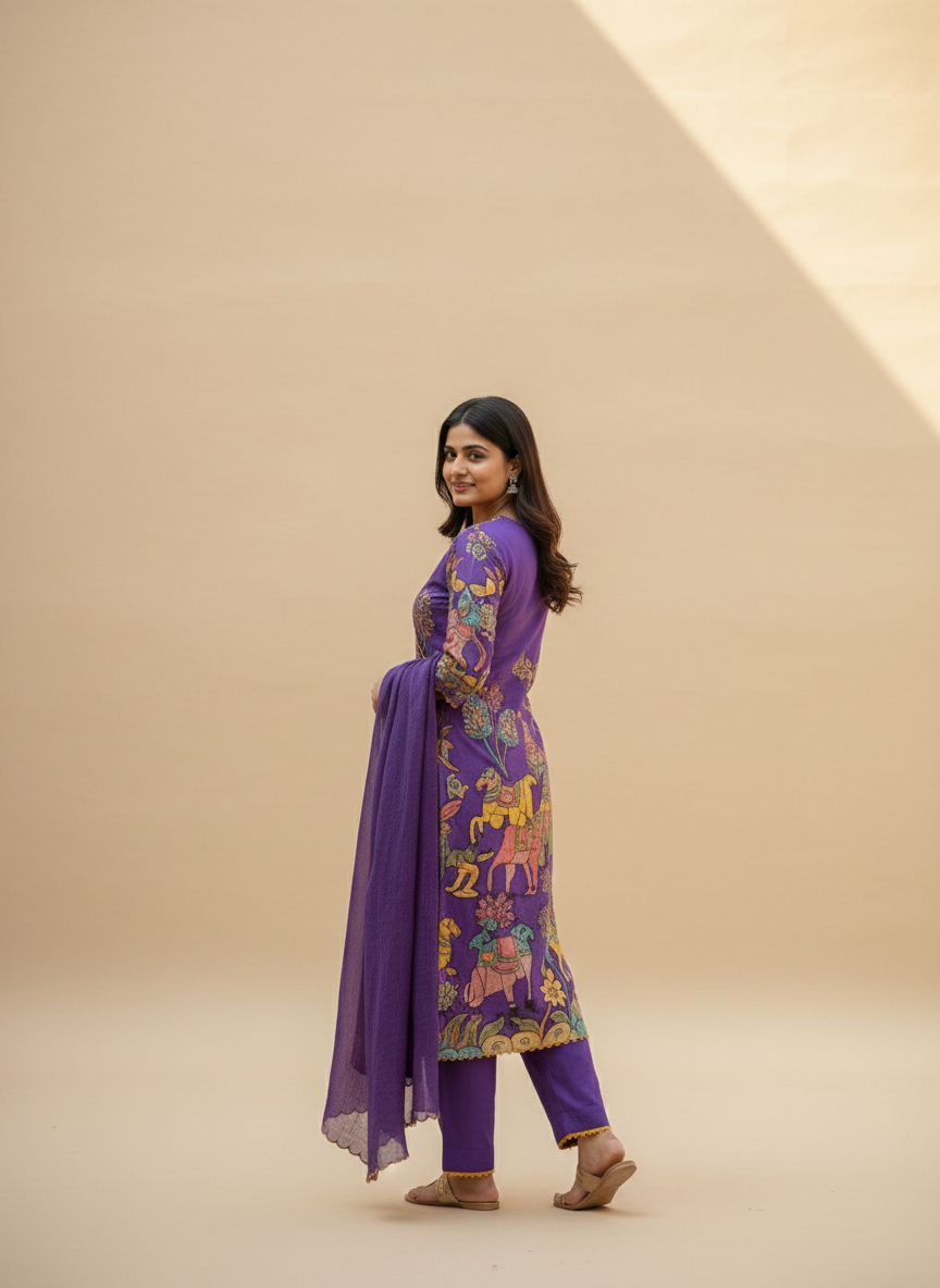 Traditional Purple Kurta Set with Royal Folk Art Print