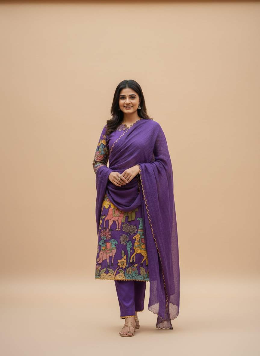 Traditional Purple Kurta Set with Royal Folk Art Print