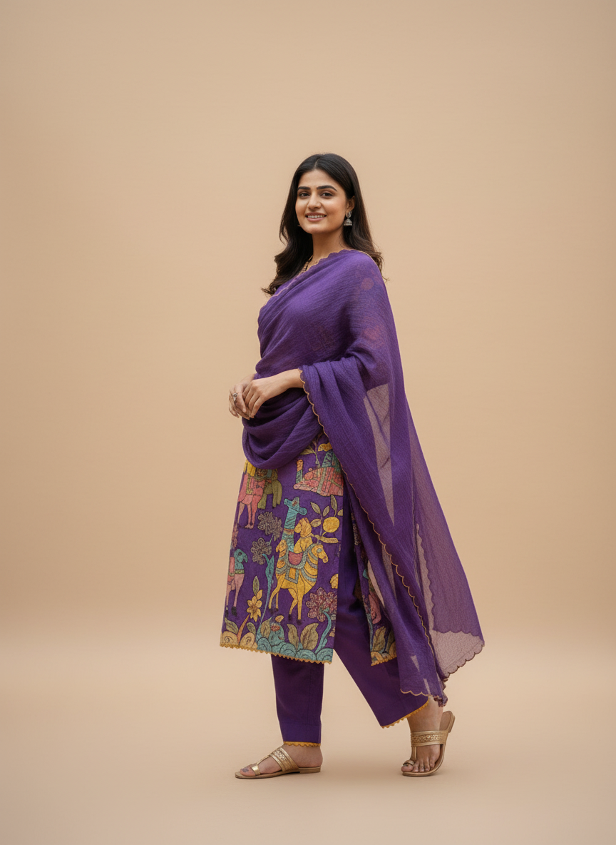 Traditional Purple Kurta Set with Royal Folk Art Print