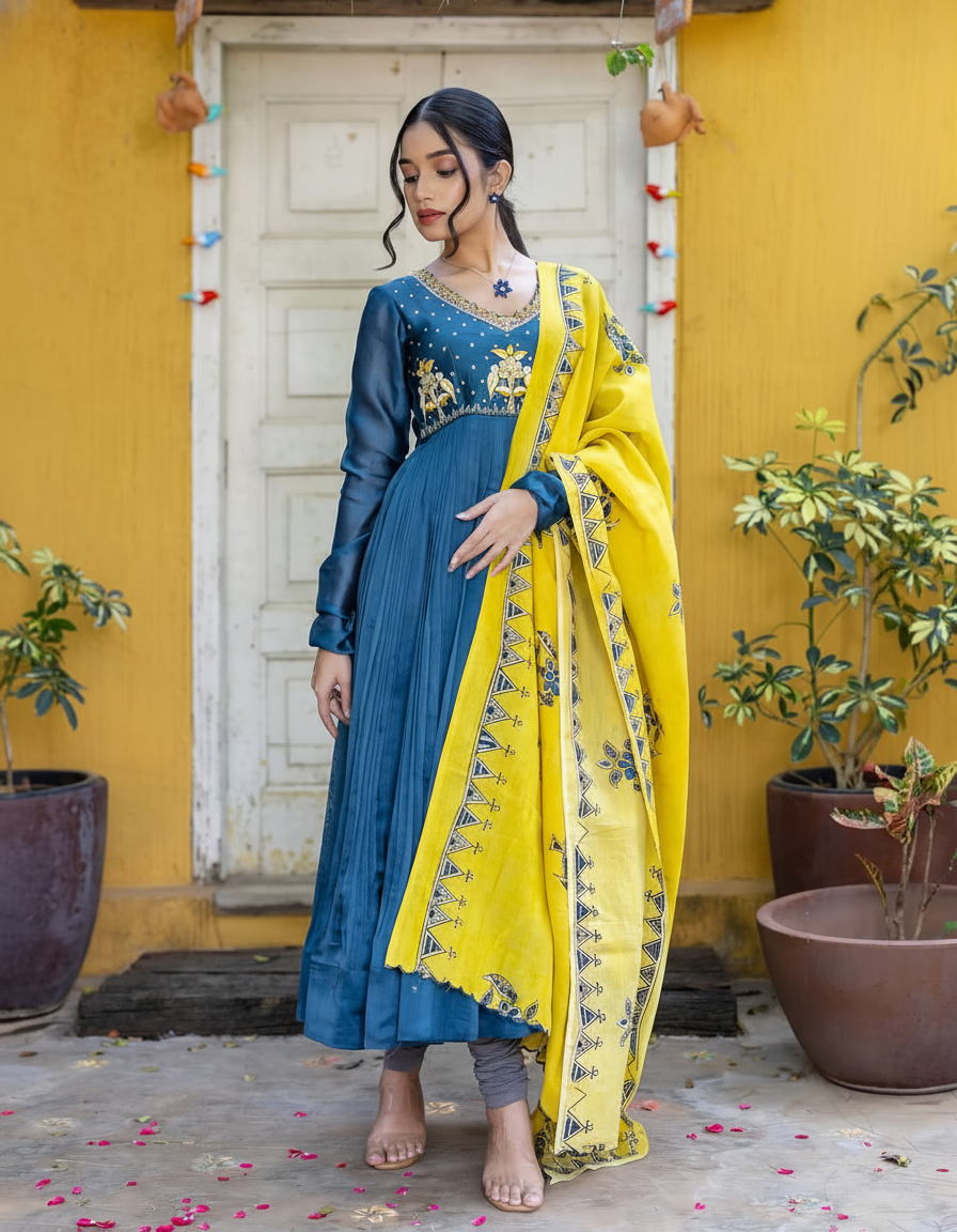 Navy Blue Anarkali with Mustard Yellow Hand-Painted Dupatta