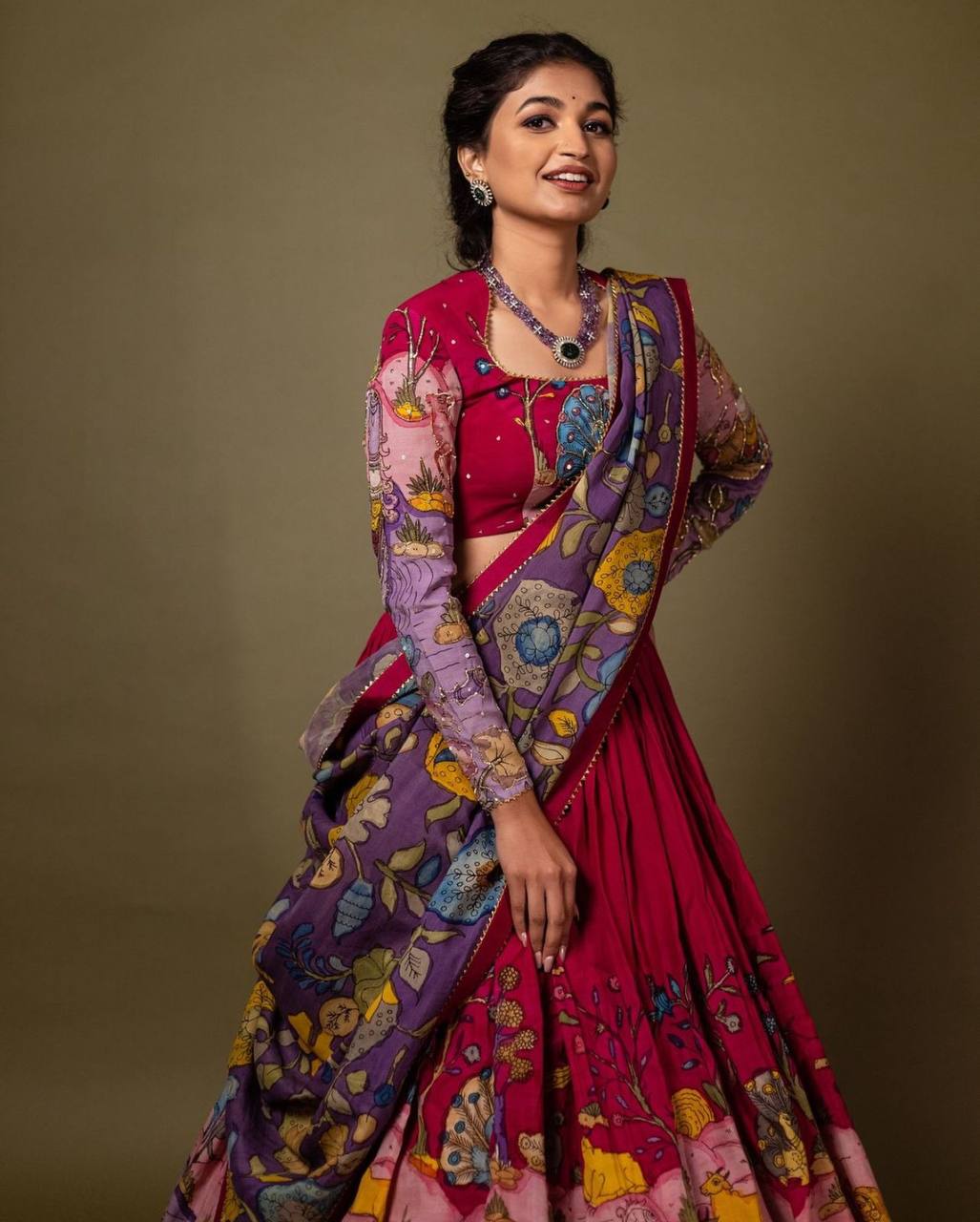 Kalamkari Print With Hand Work full Sleeve Lehenga Choli With Dupatta Set
