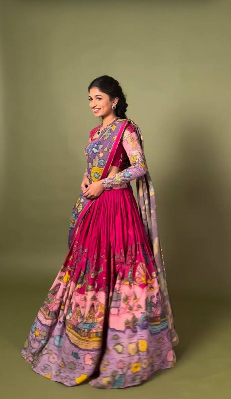 Kalamkari Print With Hand Work full Sleeve Lehenga Choli With Dupatta Set