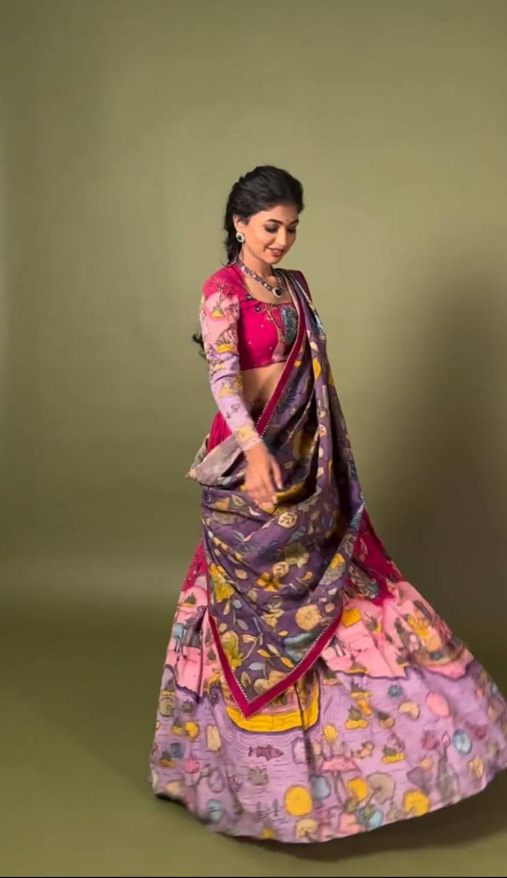 Kalamkari Print With Hand Work full Sleeve Lehenga Choli With Dupatta Set