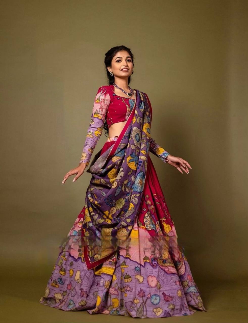 Kalamkari Print With Hand Work full Sleeve Lehenga Choli With Dupatta Set