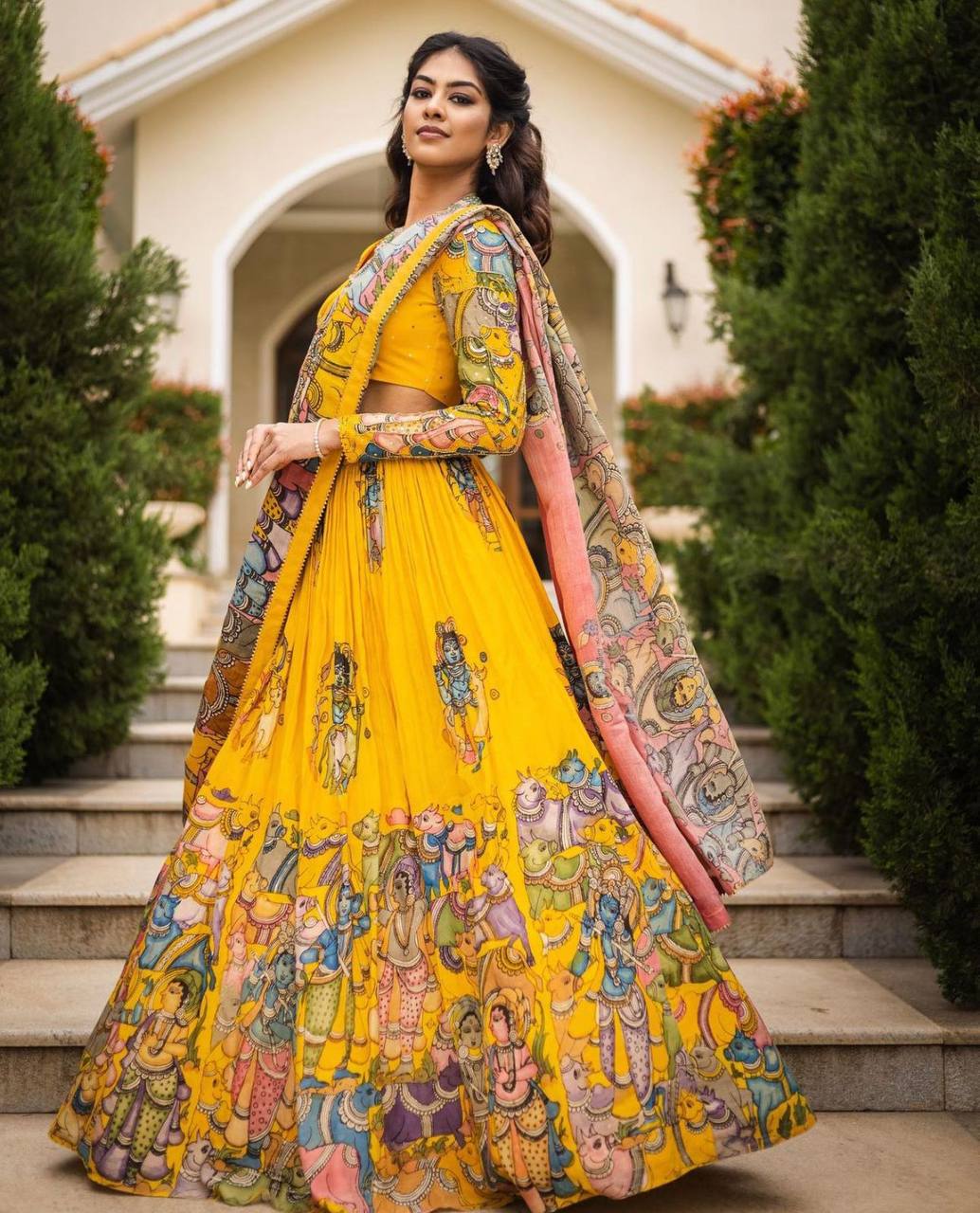 Yellow Kalamkari Print With Hand Work Fully Stitched Printed Lehenga Choli With Dupatta Set